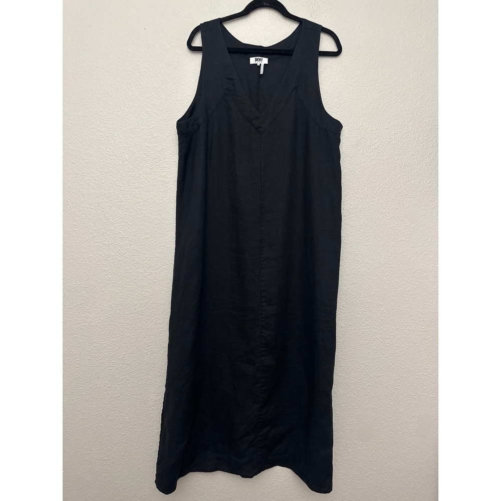 DKNY Pure XL Black 100% Linen V-Neck Sleeveless Side Slit Maxi Shift Dress